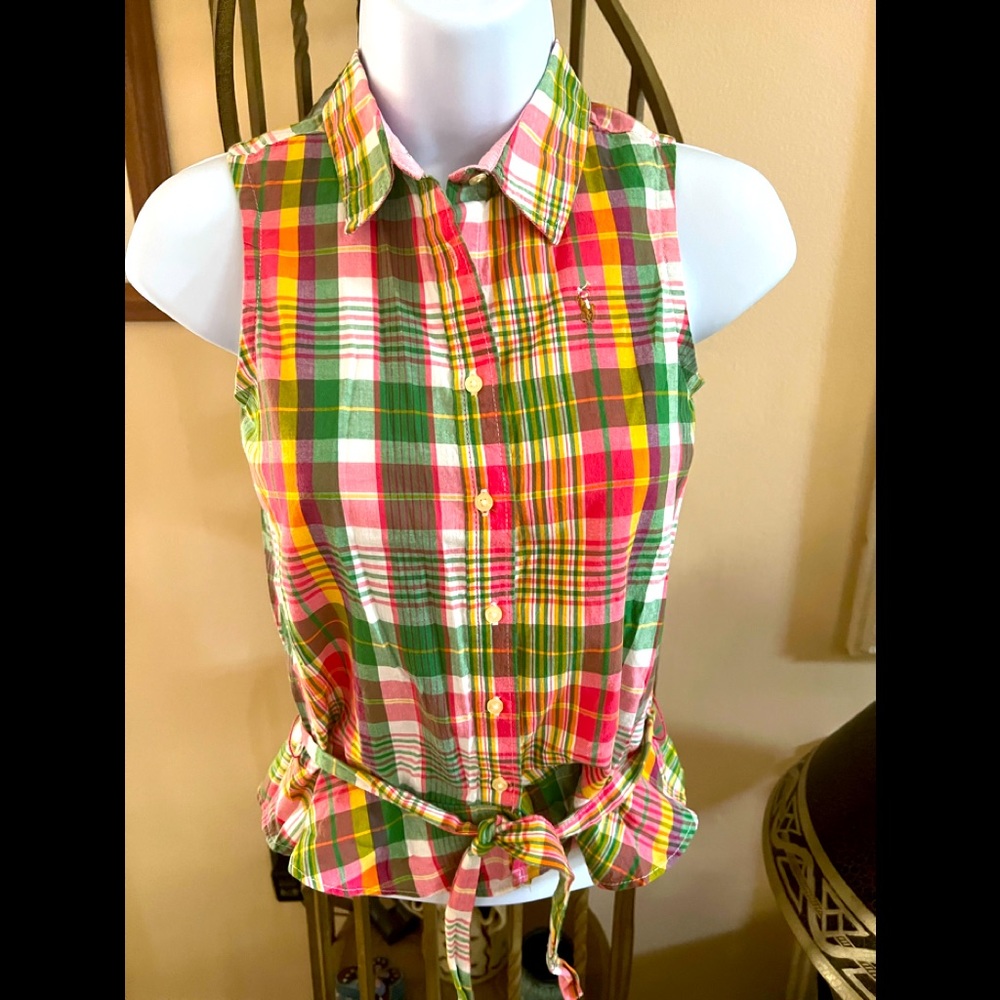Ralph Lauren Plaid Sleeveless Belted Wrap Tie Button Down Shirt